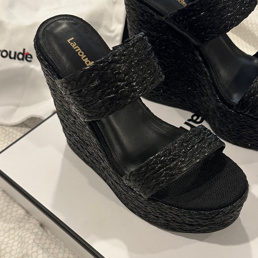 Larroude Black Textured Wedge Sandals